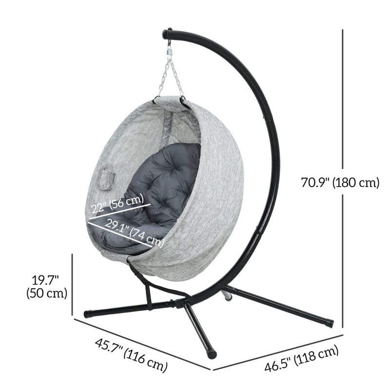 Outsunny Egg Chair with Folding Basket, Outdoor Indoor Hanging Swing Chair with Stand, Cushions for Patio, Balcony, Grey