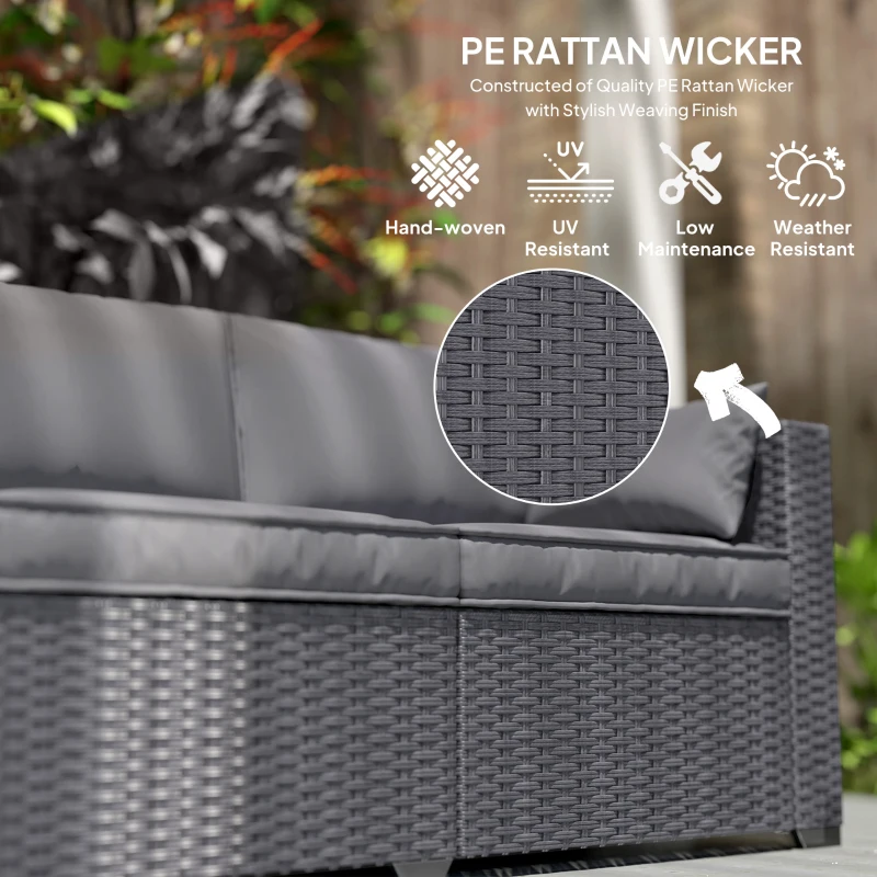 Outsunny 3 Seater Wicker Patio Sofa with Side Trays, Outdoor Couch with 6" Thick Back Cushions, Deep Seating, Grey