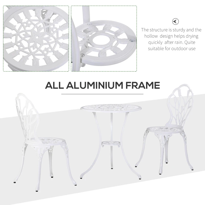 Outsunny 3 Pieces Patio Bistro Set, Outdoor Cast Aluminum Garden Table and Chairs with Umbrella Hole for Balcony, White