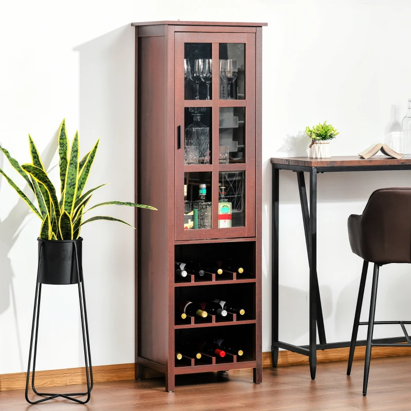 HOMCOM Tall Wine Cabinet, Bar Display Cupboard with 12-Bottle Wine Rack, Glass Door and 3 Storage Compartment for Living Room, Home Bar, Dining Room, Walnut