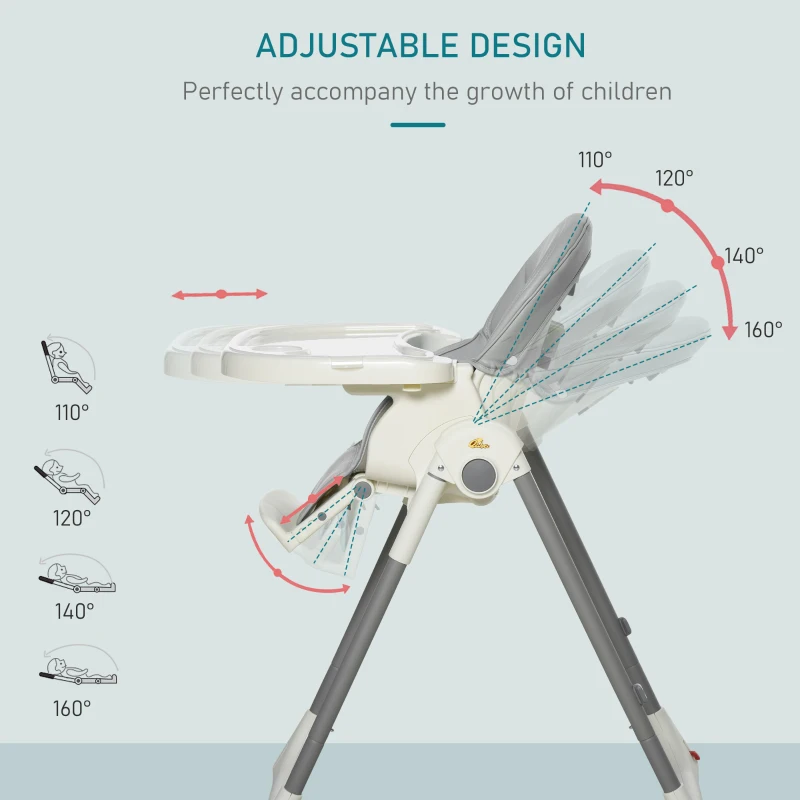 Qaba Foldable High Chair for Babies and Toddlers with Adjustable Backrest/Footrest & Removable Tray, Portable High Chair for Travel with 5-Point Harness, Convertible High Chair, Grey