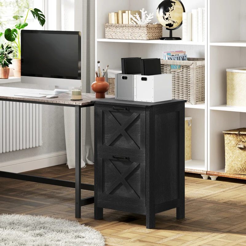 HOMCOM Vertical File Cabinet with 2 Drawers, Rustic Farmhouse Office Storage Cabinet for A4, Letter Size, Distressed Black