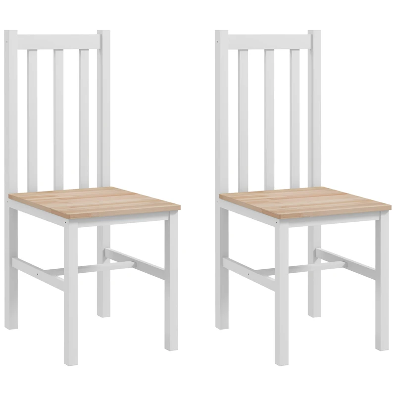 HOMCOM Farmhouse Dining Table Chairs, Set of 2 Pine Wood Kitchen Table Chairs with Slat Back for Living Room, Bedroom, White