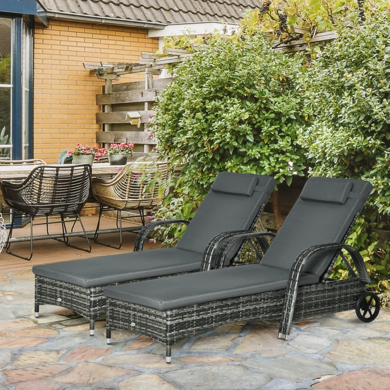 Outsunny 2 Piece Reclining Chaise Lounge Chairs, Outdoor Rattan Sun Longers with Cushion, Wheels for Poolside, Patio, Mixed Gray