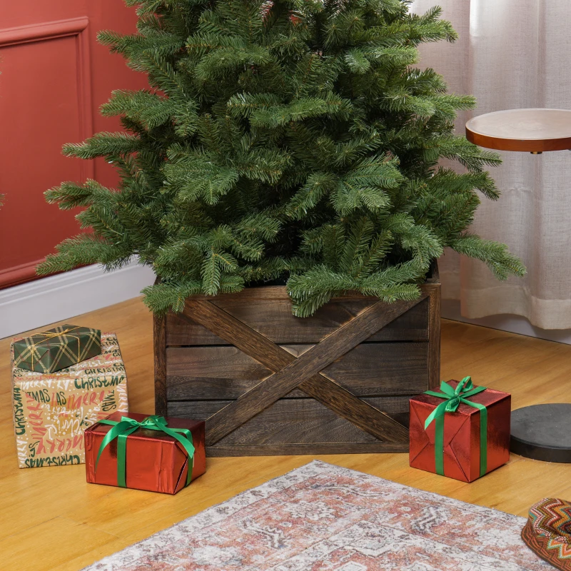 HOMCOM 24" Farmhouse Christmas Tree Base Cover Wooden Christmas Tree Collar Box Home Decoration, Dark Distressed Wood Finish