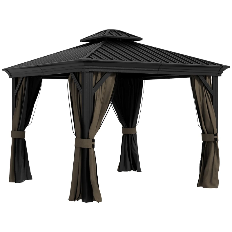 Outsunny 10' x 10' Hardtop Gazebo, Pavilion Gazebo with Curtains, Nettings, Aluminum Frame, Hooks, for Garden, Patio, Dark Brown