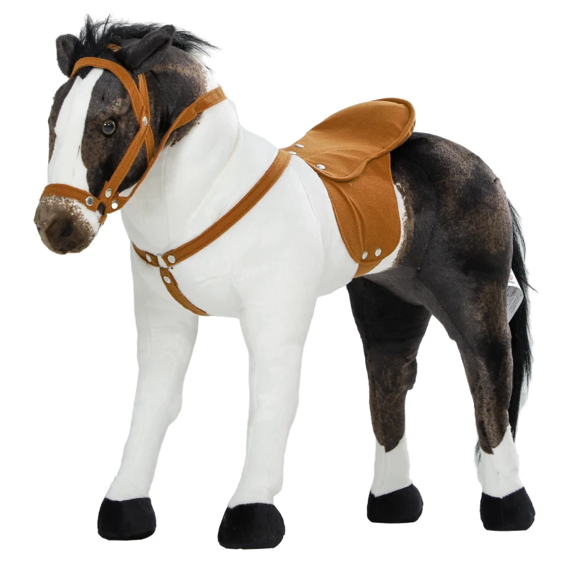Qaba Standing Ride on Horse, Plush Pony Toy for Kids with Neighing Sound, Soft Padding, for Aged 3-8, Brown