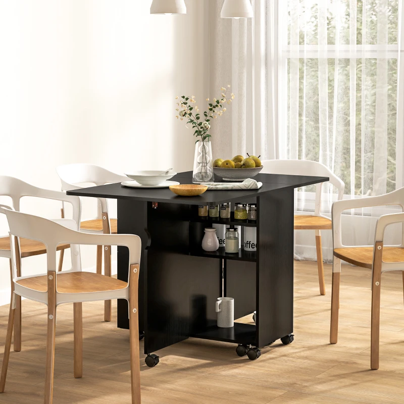 HOMCOM Extendable Dining Table, Drop Leaf Table with 2 Drawers, Cabinet and 6 Wheels for Small Spaces, Kitchen, Black Wood Grain