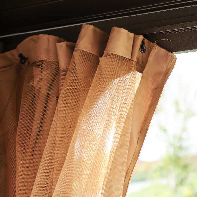Outsunny 10' x 13' Hardtop Gazebo with Curtains, Netting, Pavilion with Steel Roof Ceiling Hook for Garden Patio, Brown