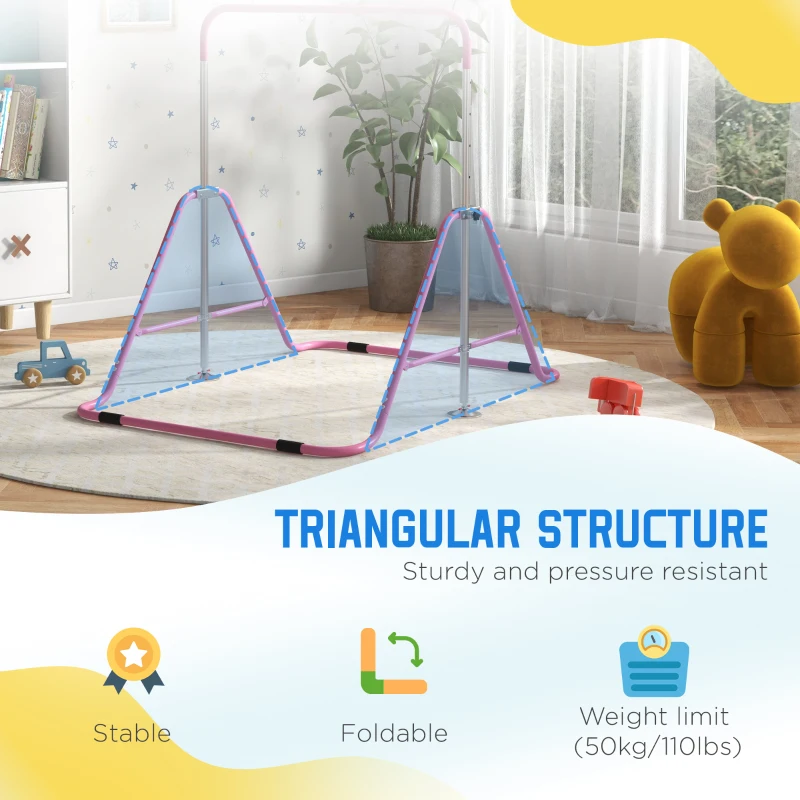 Qaba Folding Gymnastics Bar for Kids, Adjustable Height, Bubble Gum Pink