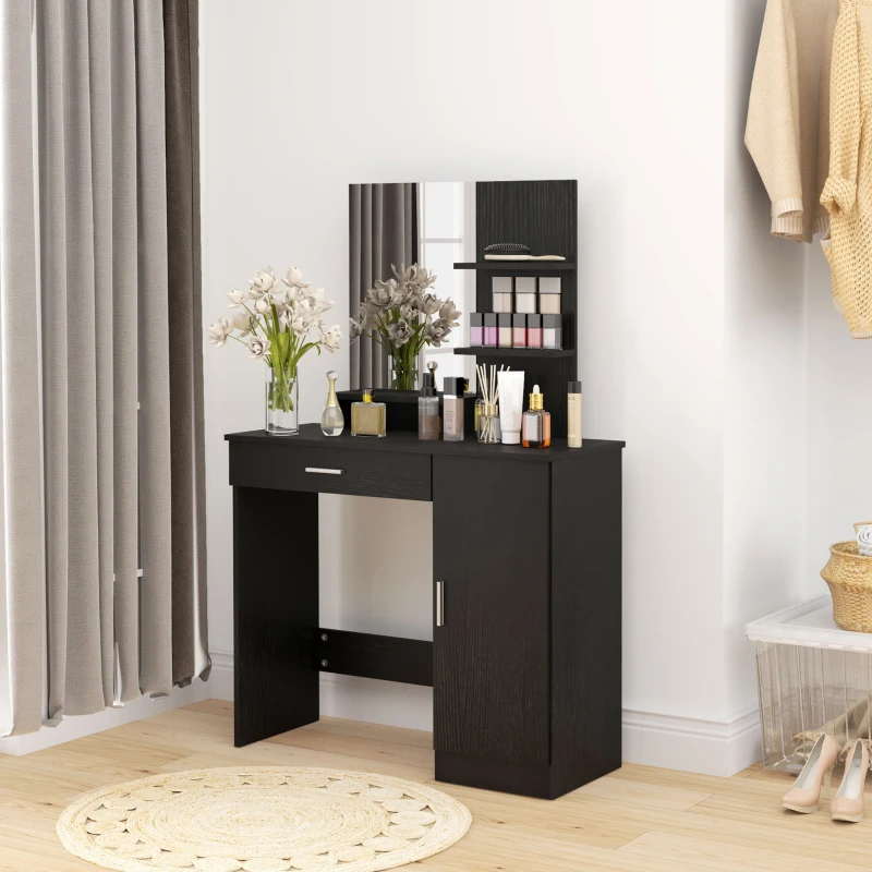 HOMCOM Vanity Desk with Mirror, Makeup Vanity w/ Drawer, Open Compartment and Shelves, Cabinet, Adjustable Shelves for Bedroom