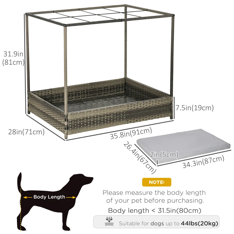 PawHut Wicker Dog House for Indoor Outdoor, Elevated Pet Sofa, Rattan Cat Bed for Garden Patio, Weatherability Roof for Medium-Sized Dogs, Grey