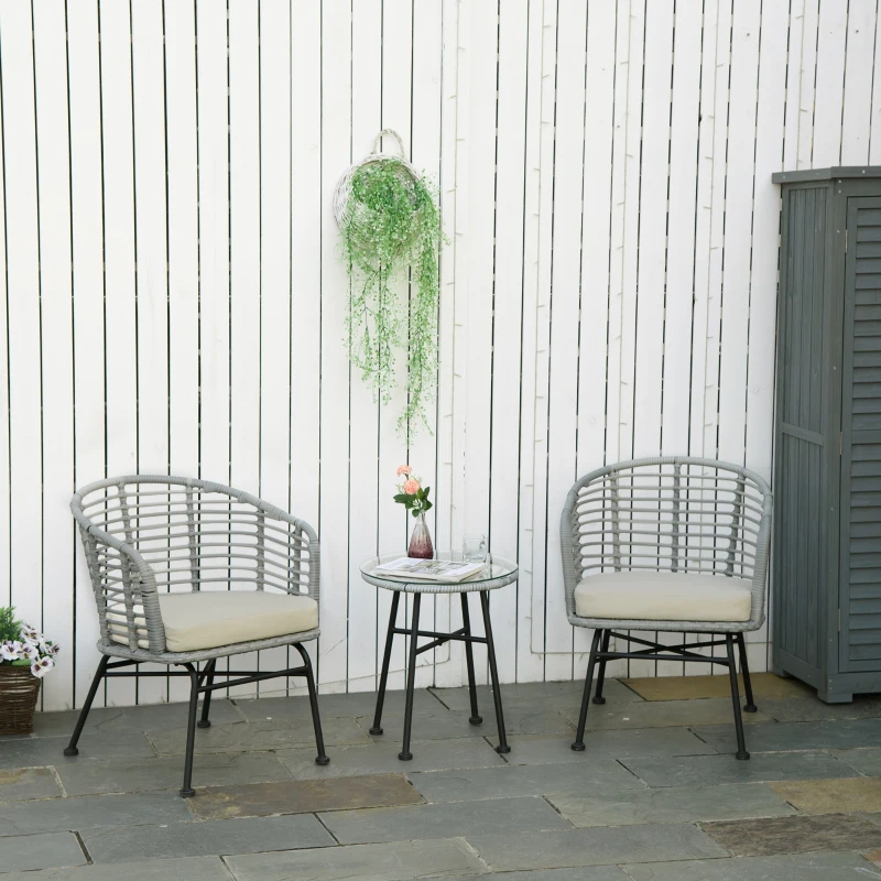 Outsunny 3 Piece Patio Bistro Set, PE Rattan with Cushioned Barrel Chairs & Glass Coffee Table, Conversation Set, Cream White