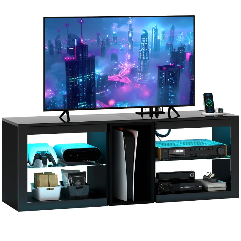 HOMCOM TV Stand Center for 55" with LED Lights and Power Outlets TV Television Cabinet with Adjustable Shelves High Gloss Black