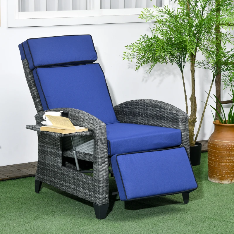 Outsunny Outdoor Recliner Chair with Cushions, Reclining Patio Lounge Chair with Adjustable Footrest, Armrests, Tray Table, Blue
