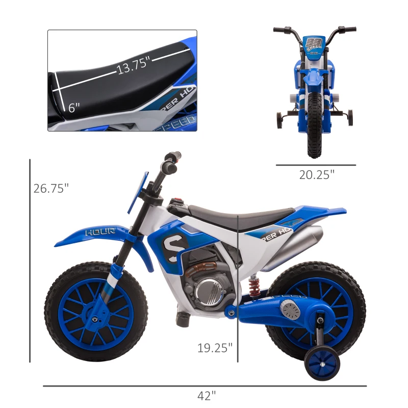 Aosom 12V Kids Motorcycle w/Treaded Tires, 5mph Top Speed Electric Bike for Kids, Ride On Motorcycle w/Training Wheels, Battery Charger, Spring Suspension, Blue(m-3)