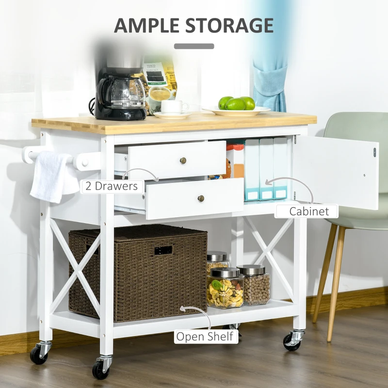 HOMCOM Rolling Kitchen Island Cart, Utility Trolley Cart with Rubberwood Top Storage Cabinet, 2 Drawers, Towel Rack, White