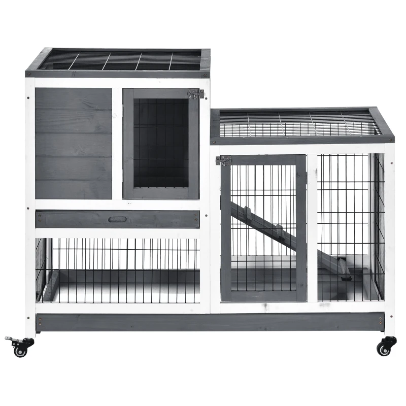 PawHut Wooden Rabbit Hutch, Indoor Bunny Cage with Wheels, Pull Out Trays, Run, Grey