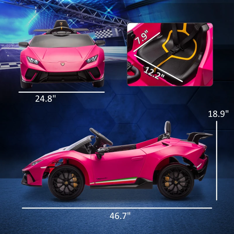 Qaba 12V Lamborghini Huracan Licensed Kids Electric Car with Parent Remote Control, Spring Suspension, Transport Wheel, Pink