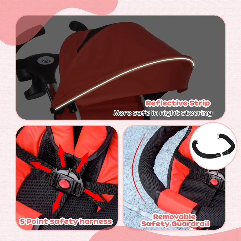 Qaba 6 in 1 Toddler Tricycle with Parent Push Handle, Canopy, Storage Baskets, Cupholder, Red