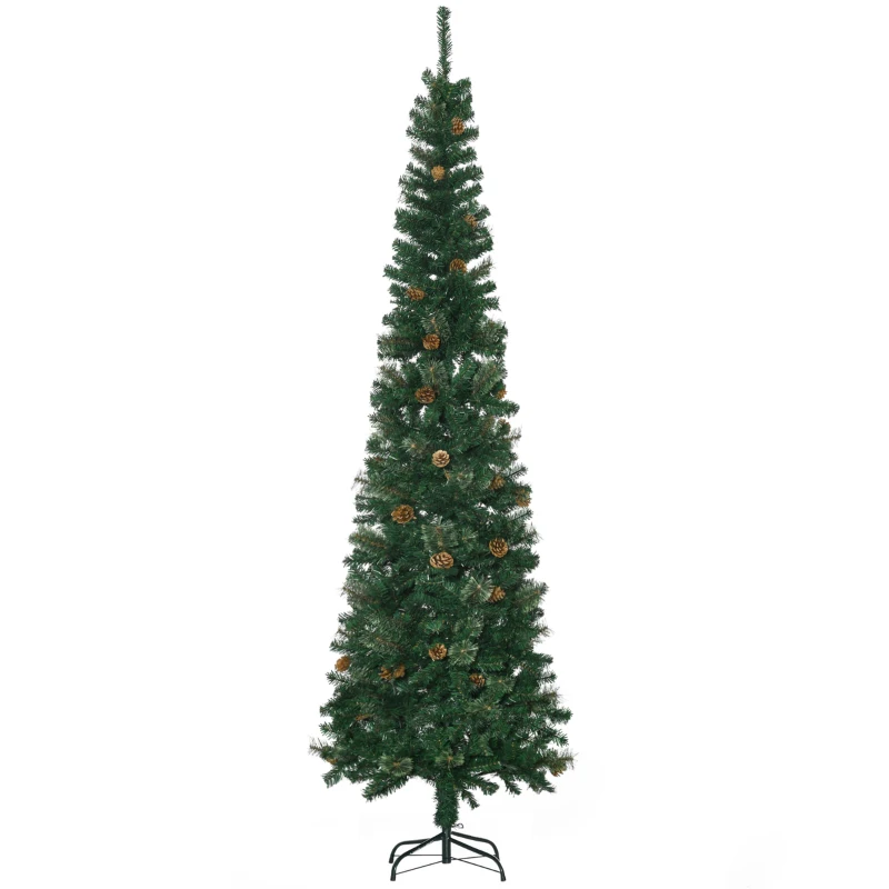 HOMCOM 7.5ft Pencil Christmas Tree, Artificial Christmas with Pine Needles, Realistic Branches, Pine Cones, Metal Base, Green