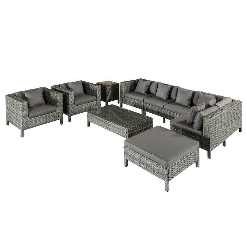 Outsunny Patio Furniture Set, 9 Piece Outdoor Sectional Sofa, All-Weather PE Rattan Wicker Conversation Set with Chairs, Ottoman, Loveseat, Coffee and Side Table, Cushions, Gray