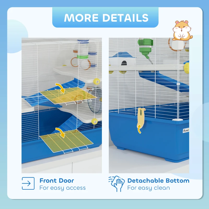 PawHut 4 Tier Hamster Cage with Tunnel Tube System, Hut, Exercise Wheel, Water Bottle, Food Dish, for Syrian, Gerbil, Blue