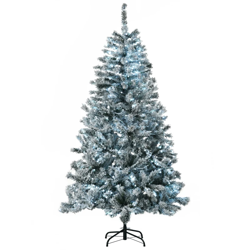 HOMCOM 6' Prelit Artificial Flocked Christmas Trees, with Snow Frosted Branches, Cold White LED Lights, Auto Open