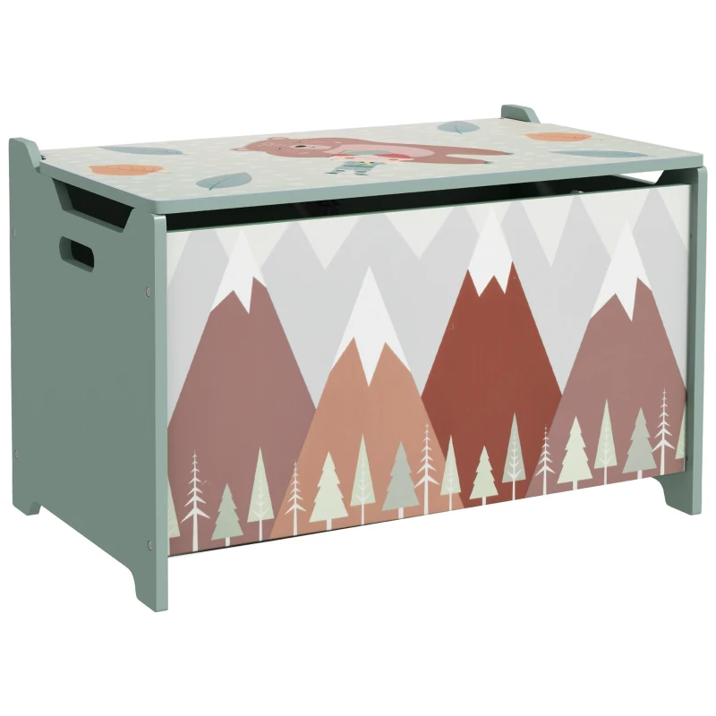 Qaba Toy Box, Kids Storage Chest with Lid, Safety Hinges and Groove Handles, Toy Storage Organizer with Mountain Pattern for Boys, Girls, Green