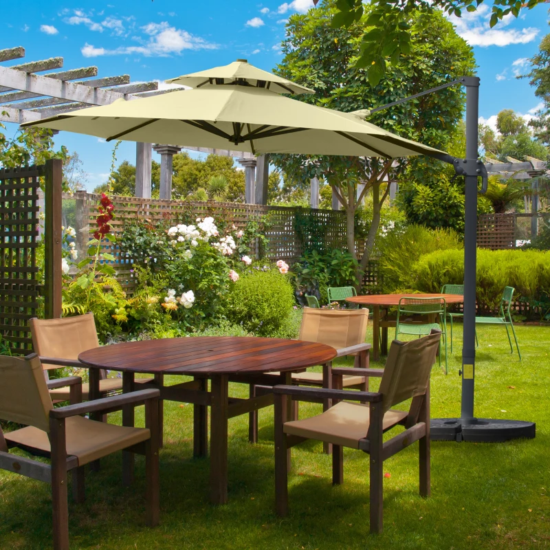 Outsunny 11ft Outdoor Cantilever Umbrella Rotatable Sun Shade Aluminum Market Umbrella with Adjustable Angle & Double-top Canopy for Backyard, Poolside, Lawn and Garden Beige