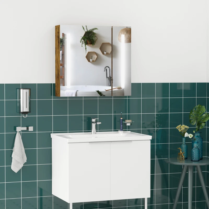 kleankin Lighted Medicine Cabinet with Mirror, 27.5" x 25.5" Wall Mounted Dimmable Bathroom Mirror Cabinet with 3-Tier Storage Shelves, LED Lights, Smart Touch and USB Charge, Dark Wood Grain