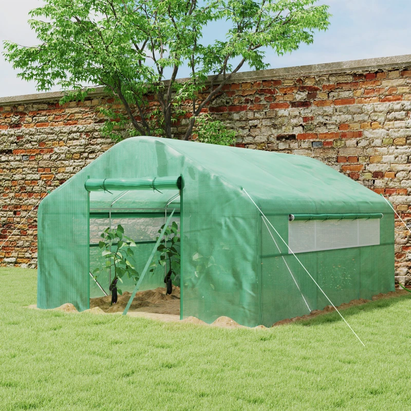 Outsunny 13' x 10' x 6.5' Tunnel Greenhouse Hoop House with Upgraded Galvanized Steel Frame and Large Windows, Green