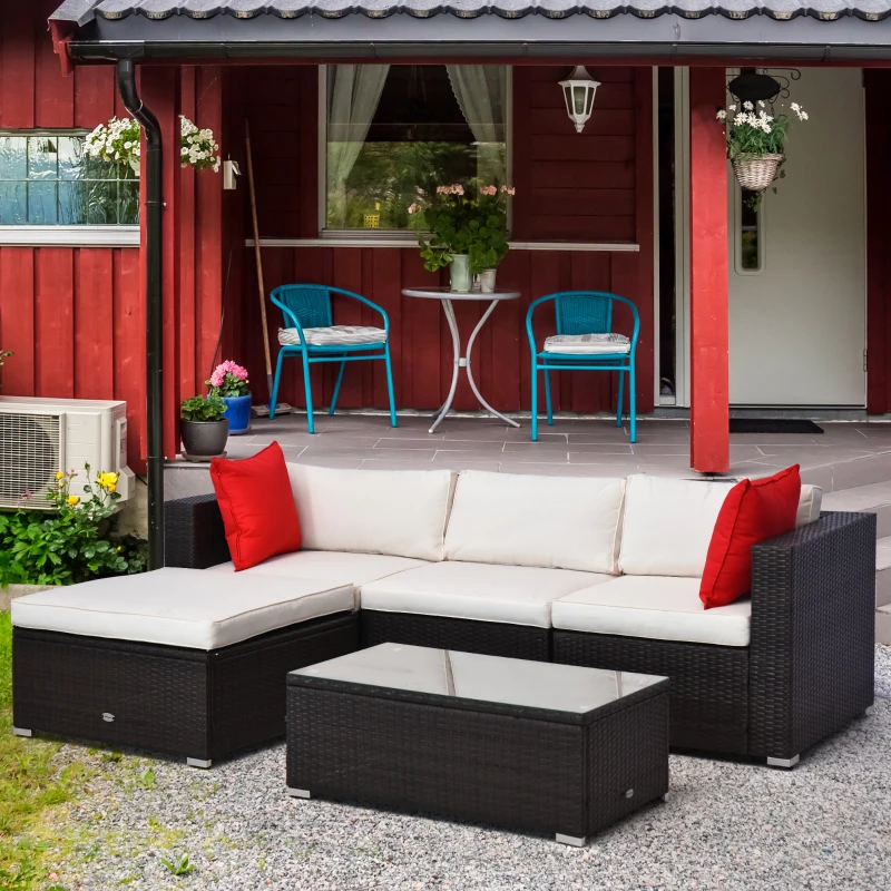 Outsunny 5 Pieces Patio Wicker Patio Furniture Sofa Set with Thick Cushions, Outdoor Modular PE Rattan Sectional Conversation Couch with Glass Top Table, Cream White