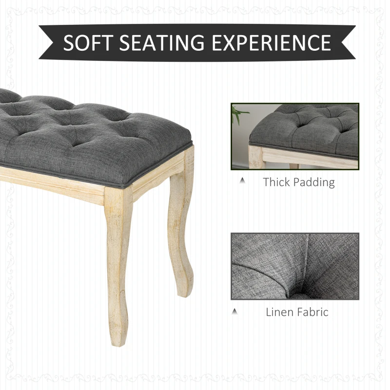 HOMCOM 43" Upholstered Entryway Bench, Linen Fabric Ottoman Stool with Button Tufted Seat, and Rubber Wood Legs for Living Room, Bedroom, or Hallway, Dark Grey