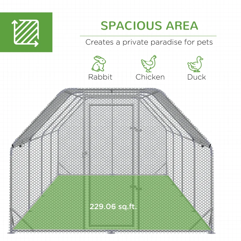 PawHut Large Chicken Coop Metal Chicken Run with Waterproof and Anti-UV Cover, Flat Shaped Walk in Fence Cage Hen House for Outdoor and Yard Farm Use, 1" Tube Diameter, 9.2' x 24.9' x 6.4'