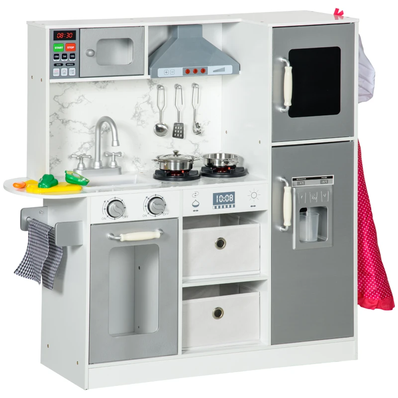 Qaba Play Kitchen Set for Kids W/ Lights Sounds, Apron and Chef Hat, White