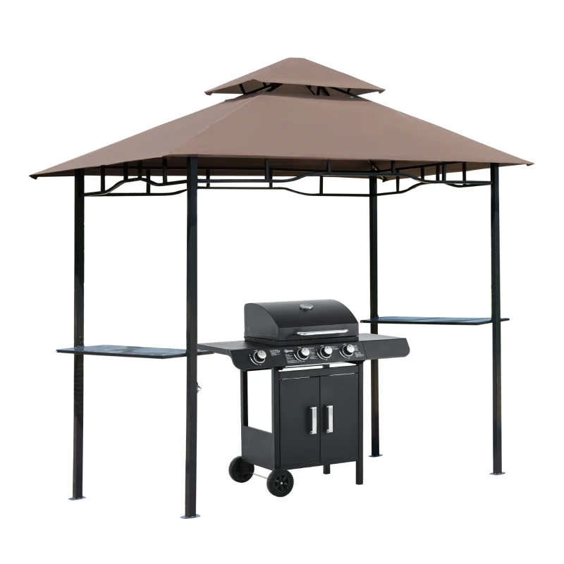 Outsunny 8' x 5' Grill Gazebo with Double Roof, Outdoor BBQ Canopy Gazebo with 2 Side Shelves for Patio Yard Garden Coffee