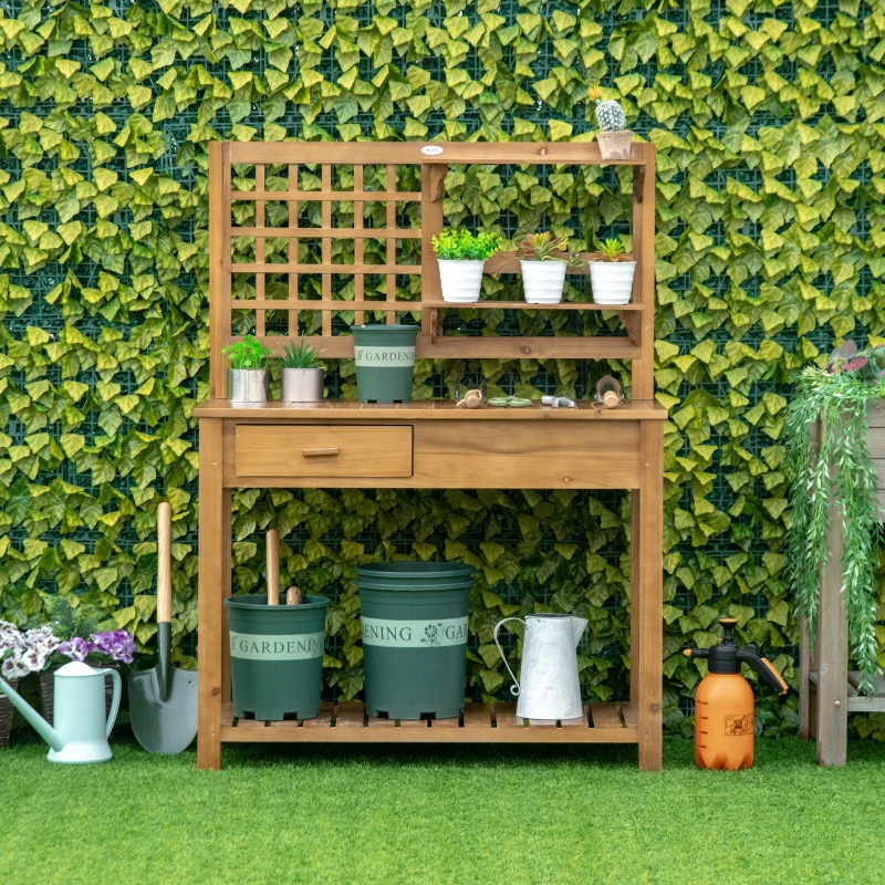 Outsunny Potting Bench Table, Garden Work Bench, Outdoor Wooden Workstation with Tiers of Shelves and Drawer for Patio, Courtyards, Balcony, Brown