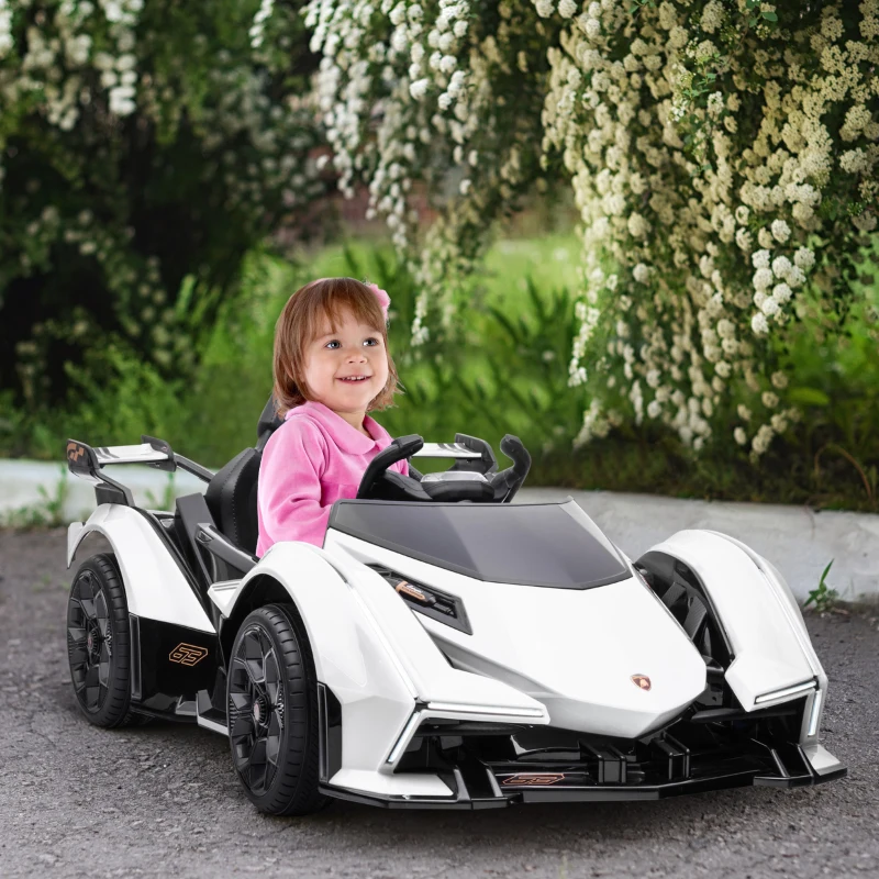 Aosom 12V Electric Ride-on Car, Licensed Lamborghini V12 Vision Gran Turismo Battery-Powered Ride-on Toy with Remote Control, Music, LED Lights, for 3-6 Year Old Boys and Girls, White