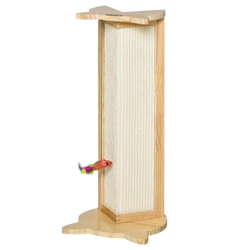 PawHut Sisal Cat Scratching Post, Cute Cat Scratcher with Hanging Funny Toy, 90° Angle for Wall Table Corners, Natural