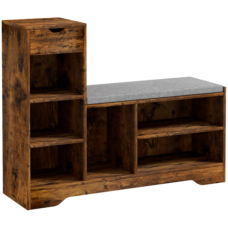 HOMCOM Upholstered Shoe Storage Bench w/ Seat, Entrance Bench w/ Drawer and 6 Open Shelves for Hallway, Rustic Brown