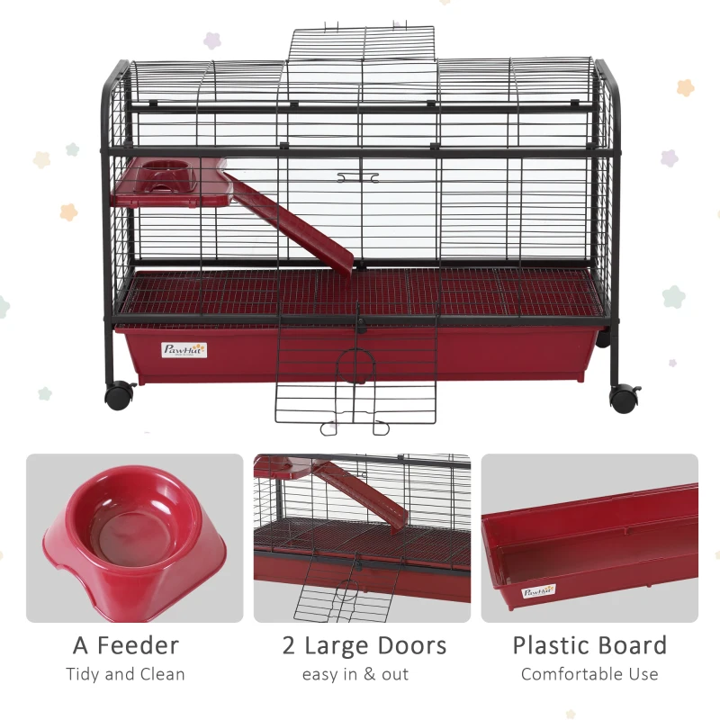 PawHut 42”Metal Wire Small Animal Pet Cage with EasyWheels for Portability & Spacious Multi-Level Design, Red and Black
