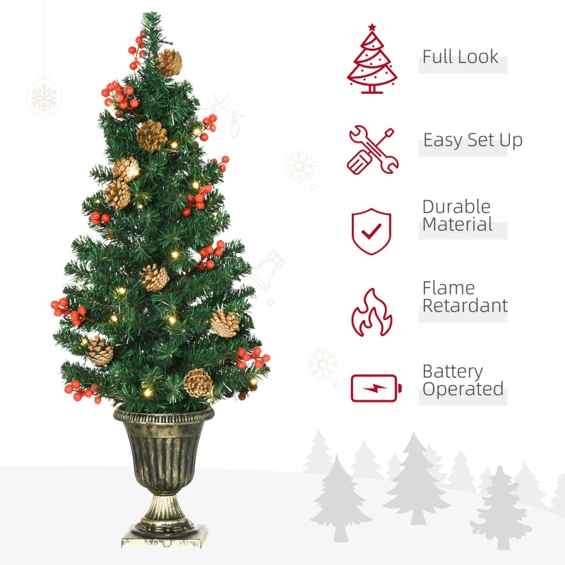 HOMCOM Prelit Holiday Christmas 4-Piece Set, Garland Wreath and Set of 2 Entrance Trees with Warm White LED Lights, Red Berries, Pine Cones, Green