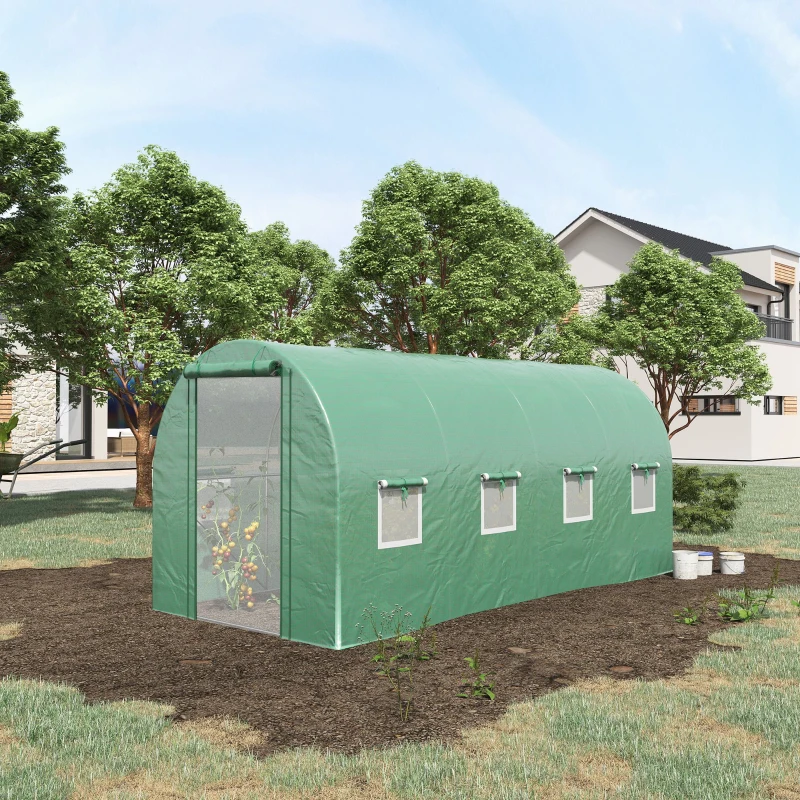 Outsunny 14.6' x 6.6' x 6.6' Walk-in Tunnel Hoop Greenhouse with Mesh Door & 8 Windows, Large Green House for Outside for Plants, Flowers, Vegetables, Galvanized Steel Frame & PE Cover, Green