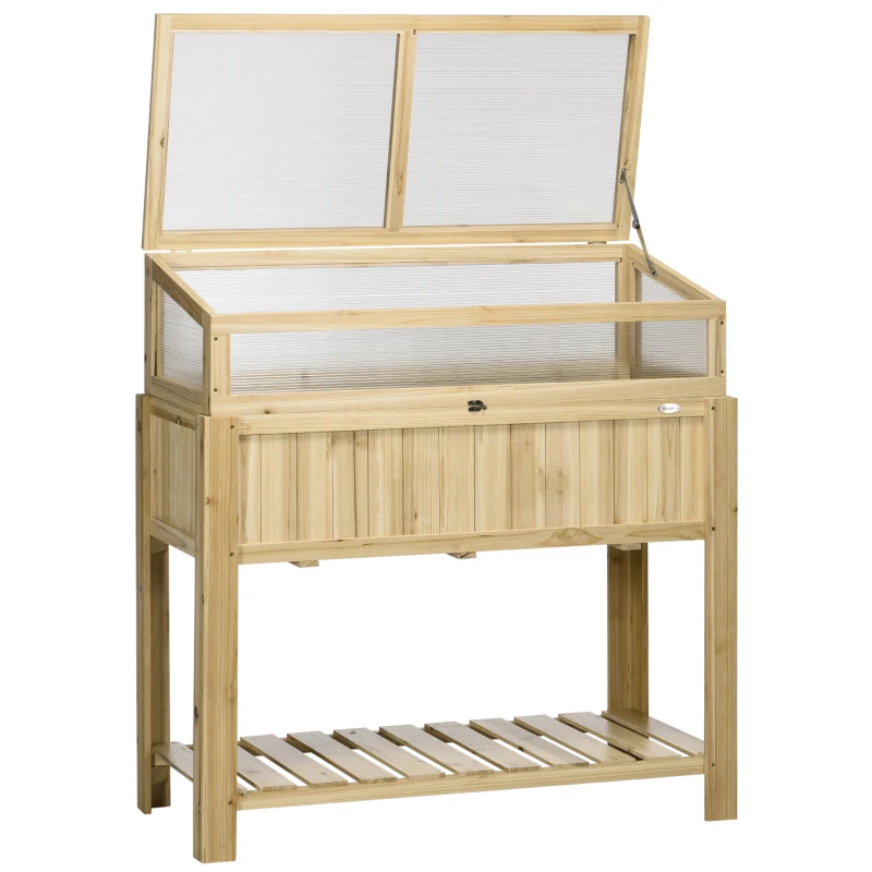 Outsunny Raised Garden Bed, Outdoor Wooden & PVC Elevated Planter Box with Cold Frame Greenhouse and Storage Shelf, Natural