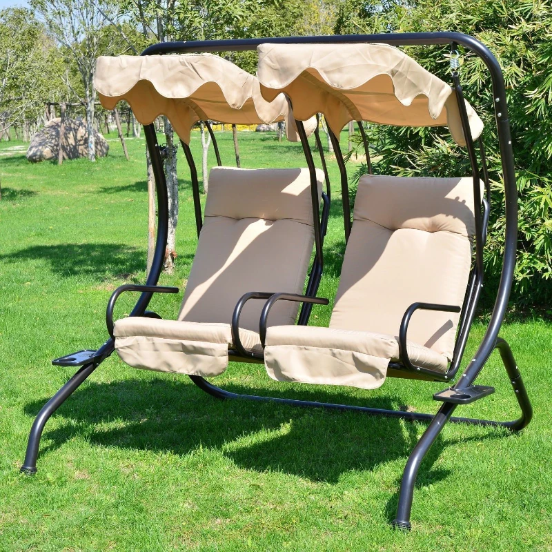 Outsunny Luxury Porch Swing Metal Outdoor Swing Chair 2 Separated Seater Hammock Heavy-Duty with Canopy and Cushions, Beige