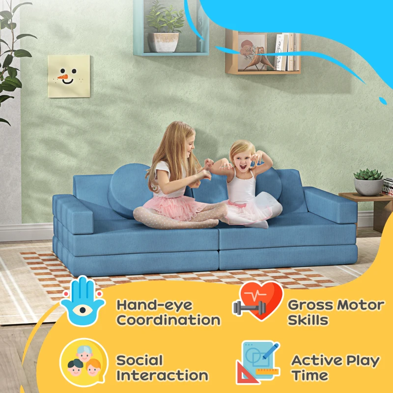 Qaba 12-Piece Modular Kids Play Couch Building Fort for Playroom Bedroom, Convertible Kids Sofa, Blue
