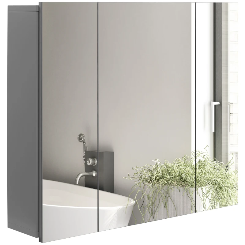 kleankin 28" x 24" Wall Mounted Mirror Cabinet, Bathroom Medicine Cabinet with Mirror, 3 Doors and Adjustable Shelves, Grey