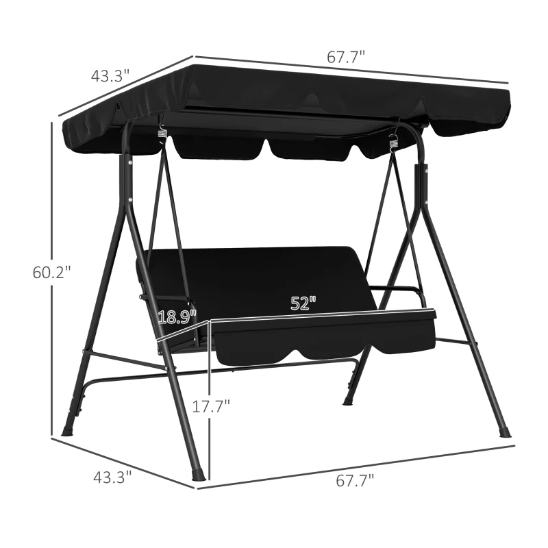 Outsunny 3-Seat Outdoor Patio Swing Chair w/ Cushion, Steel Frame Stand, Adjustable Tilt Canopy for Patio, Garden, Black 2