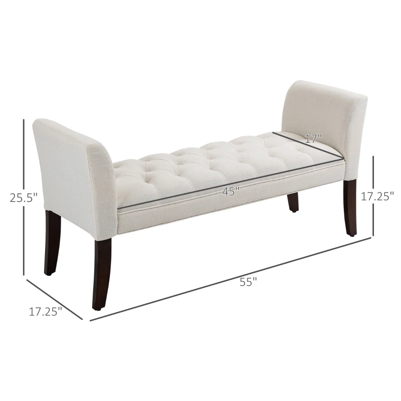 HOMCOM Upholstered Bedroom Bench with Button Tufted Design, End of Bed Bench with Arms and Solid Wood Legs, Cream White